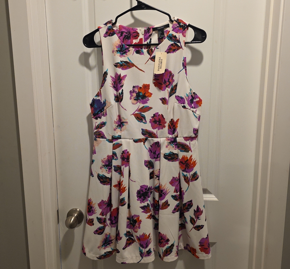 Forever 21 White Floral Fit & Flare Dress with Purple and Orange Flowers
